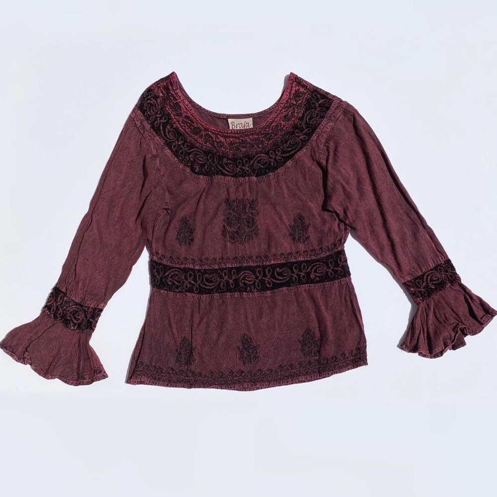BRAJA Embroidered Burgundy Bell Sleeve Top Medium Bohemian Earthy Hippie Eastern